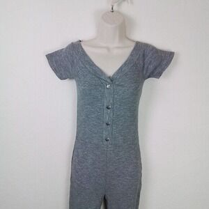 Soncy Womens Ribbed‎ Knit Bodysuit M Gray Button Front Short Sleeve Stretch 8/10